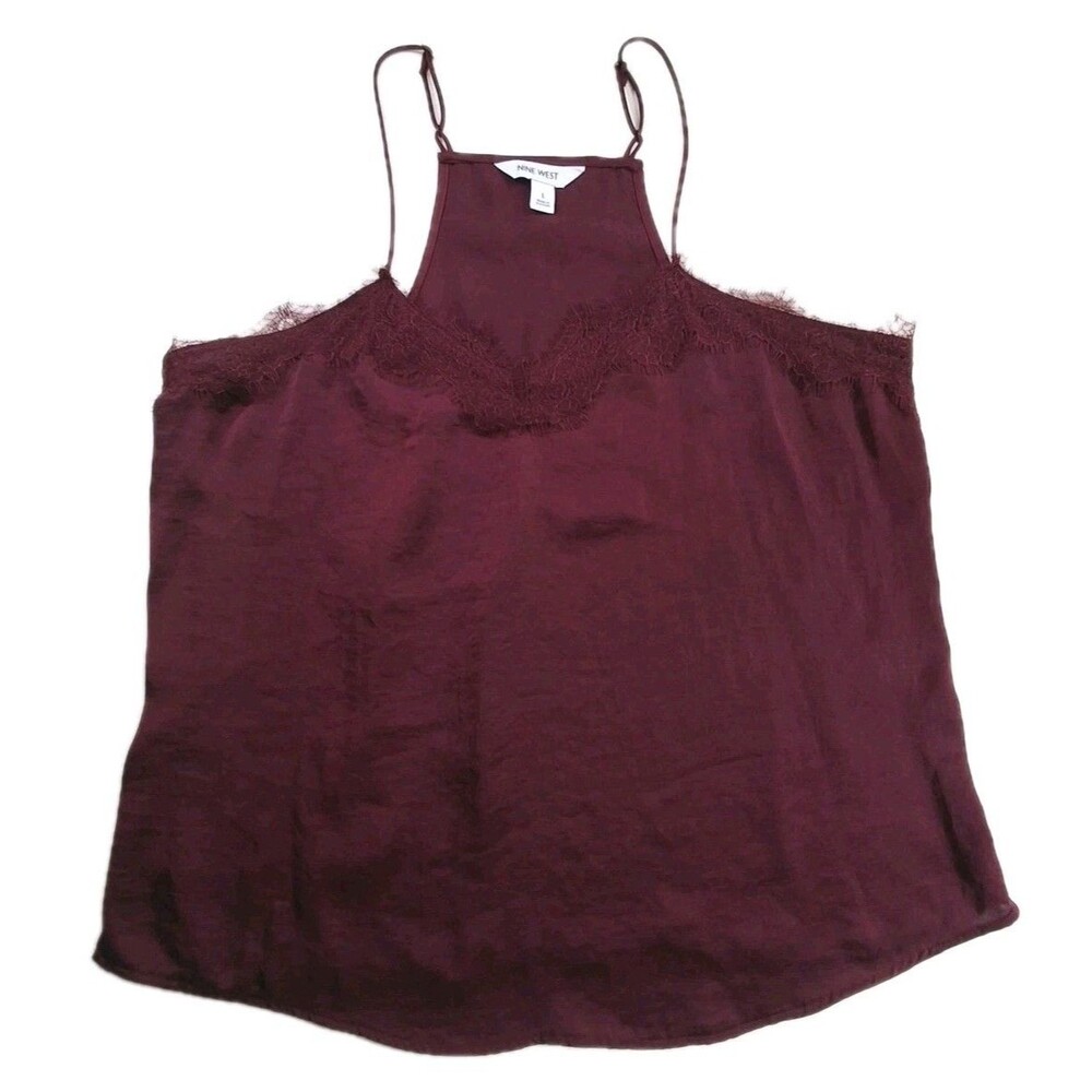 Nine West Sz L Lace Trim Vneck Cami Adjustable Strap Satin Office Siren Wine Red